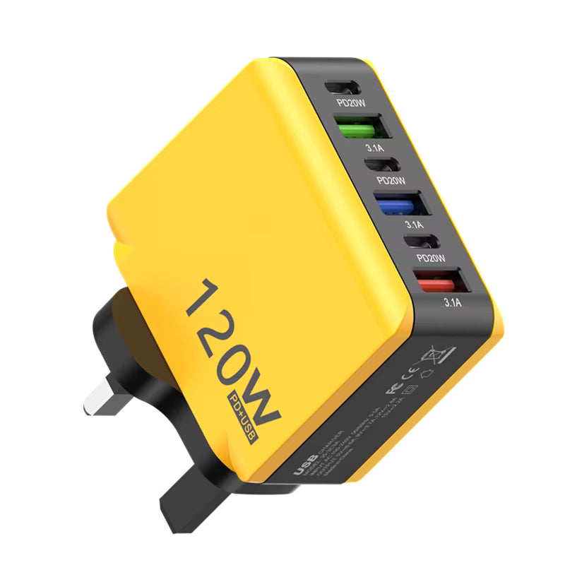 120W GaN Multi-Port Fast Charger with PD 3.1 Cable - 6-Port USB Wall Adapter UK Plug (Yellow/Black)